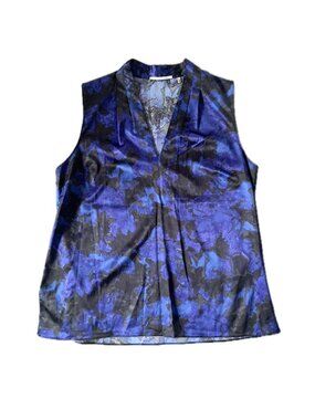 Tahari Blue Black Floral Sleeveless V-Neck Sleeveless Top